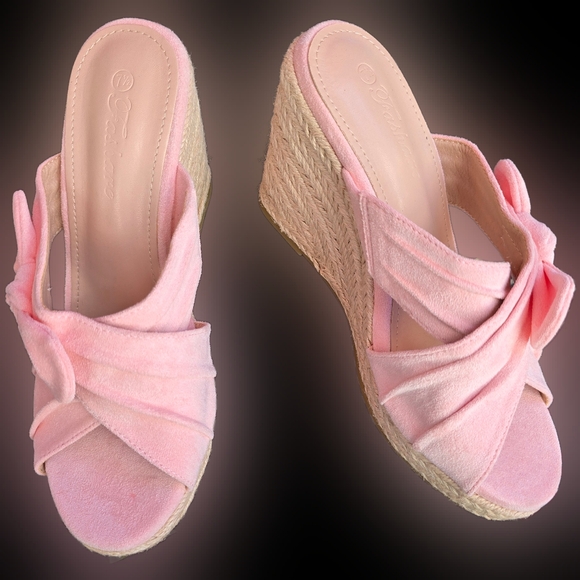 NEW Fashare Elegant Pink Bow Wedge Sandals - Picture 2 of 5